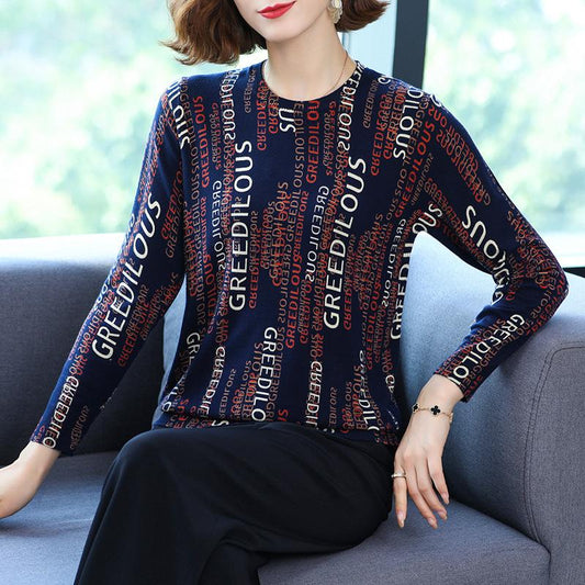 Autumn and winter ladies fur round neck bottoming shirt fashion printing shirt sweater
