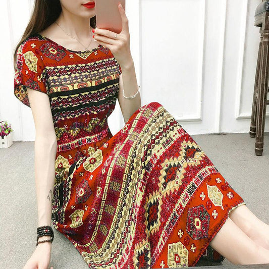 Large Size Round Neck Dress Cotton Silk Floral Dress Seaside Vacation Cotton Skirt Fairy Skirt Large Size Printed Vest Mid-length Skirt