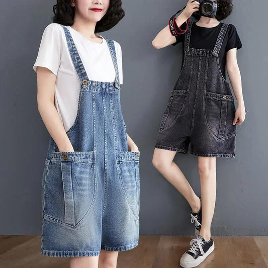Denim Bib Shorts Female Summer Korean Students Age Reduction Suspenders Jumpsuit Loose Wide-leg Five-point Pants
