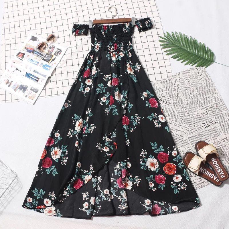 Bohemian Unique Design Woman Summer Retro Floral Dress Elastic Waist Puff Sleeve Pleated Sexy Off-shoulder Party Dress