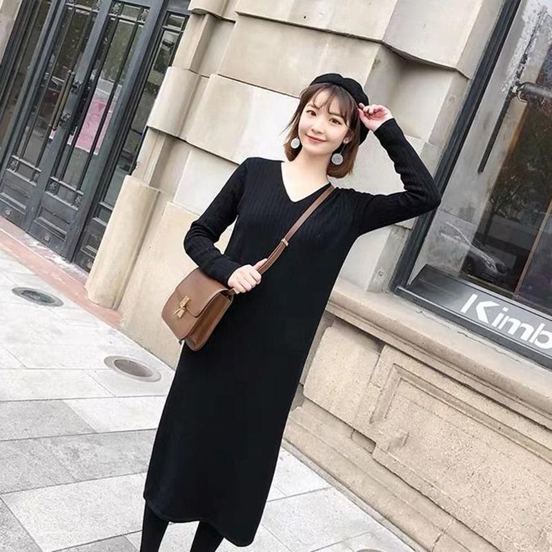 V-neck Sweater Women's Outer Wear Fall and Winter Lazy Style Dress Loose Long Knit Sweater Sweater Skirt Soft Fabric