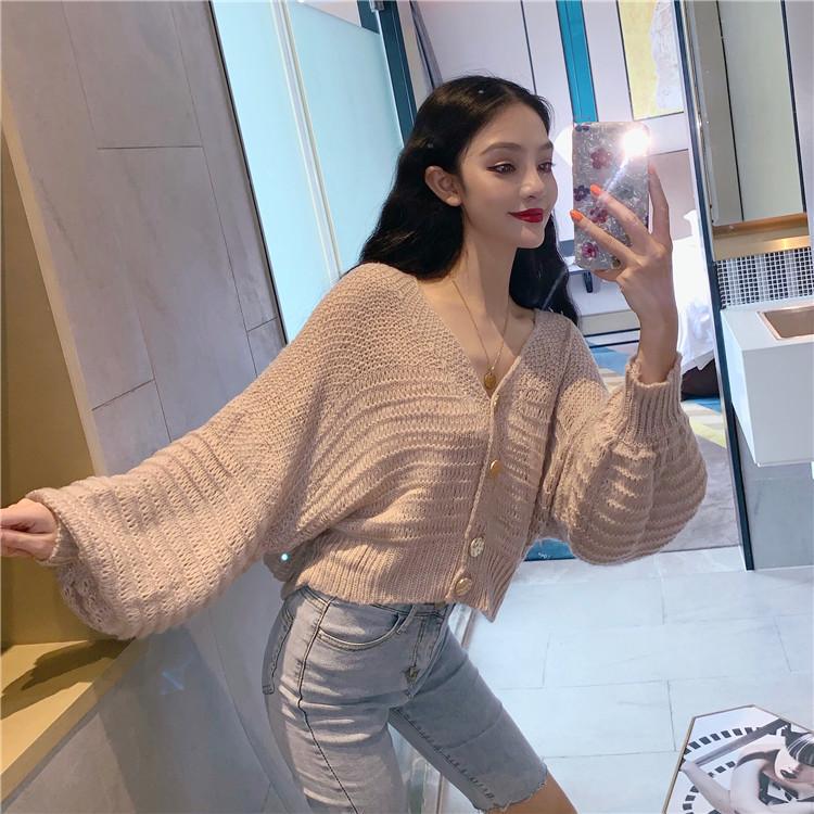 Pofulove lazy wind sweater female loose student wild long-sleeved cardigan hollow knitted jacket