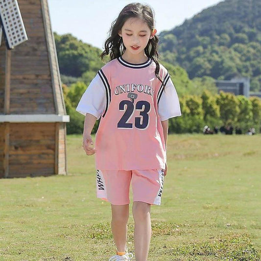 Girls Cotton Printing Comfortable Sweat-absorbing Sports Suit Basketball Suit Summer Children's Short-sleeved Shorts Breathable Clothes Two-piece Set