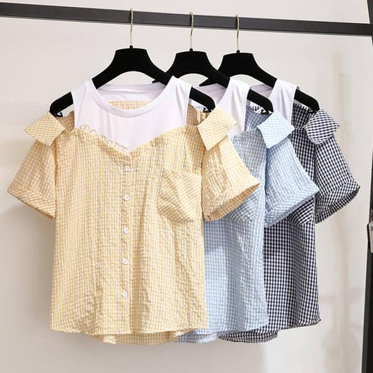 Pofulove Summer Sweet Plaid Off Shoulder Shirt Shorts Two Pieces Sets Shorts Sets Women Outfits