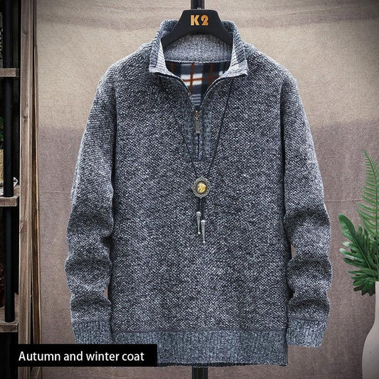 Men's Knitted Sweater Cardigan Trend Autumn and Winter Jacket Plus Velvet Padded Jacket Top