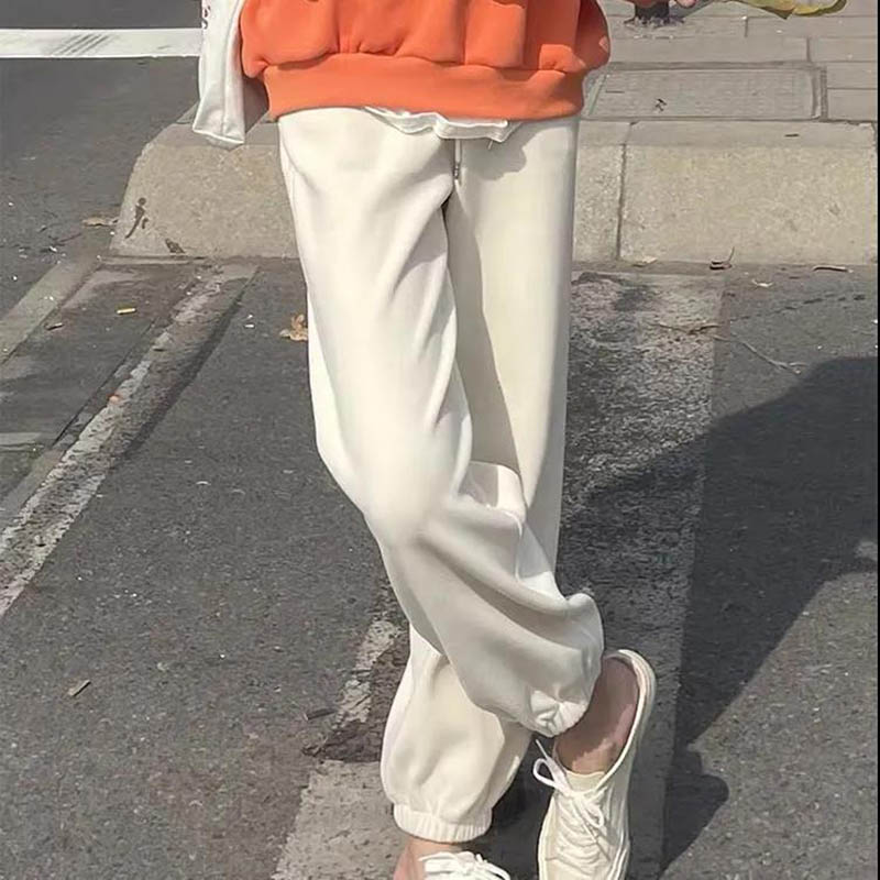 Plus Velvet Beige Sweatpants Women's Loose-fitting Nine-pointed Small Autumn and Winter Pants Thick Casual Straight-leg Harem Pants