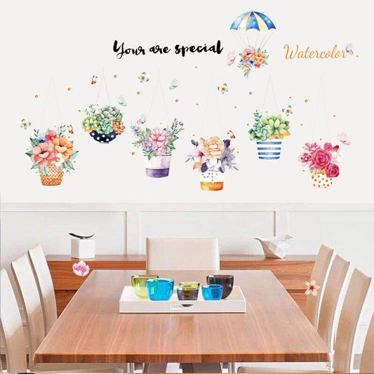 Cartoon colorful potted basket corridor landscaping decorative background green wall stickers