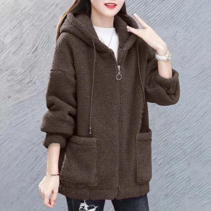 Autumn and Winter Hooded Zipper Cardigan Plus Velvet Thickening Imitation Lamb Velvet All-match Loose Warm Jacket Women