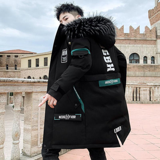 Winter Fashion Trend Cotton-padded Jacket Men's Mid-length Coat Student Casual Hooded Big Fur Collar Cotton Jacket