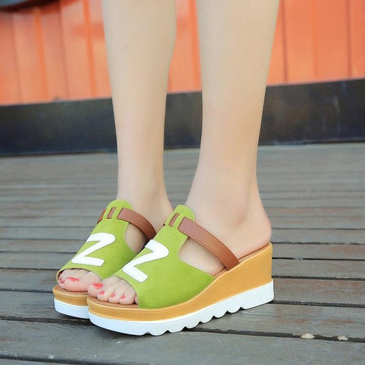 Fish Mouth Sandals and Slippers Women's Summer Frosted Leather Color Matching Thick-soled One-word Drag Wedge High-heeled Sandals
