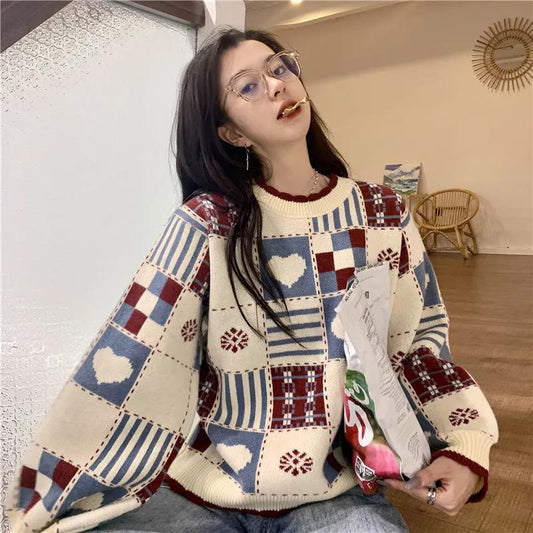 Women's Large Size Sweater Loose Outer Wear Autumn and Winter Long Sleeve Contrast Color Sweater Versatile Tops