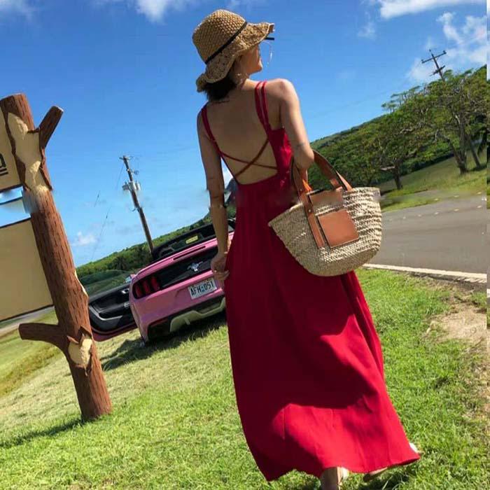 Pofulove Women Solid Camisole Dress Sexy Slim Long Sleeveless Backless A-line Vacation Beach Dress