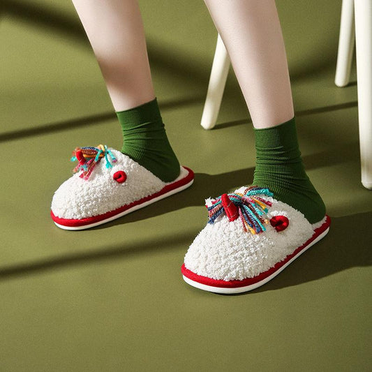 Autumn and Winter Tassel Cotton Slippers Casual Warm Flat Shoes Indoor Non-slip Cotton Shoes Soft Shoes
