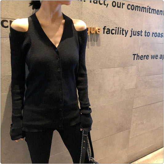 Autumn Winter Plus Size V-neck off-shoulder Sweater Slim Stretch Knit Cardigan Sweater Sexy Hanging Neck Black Sweater coat
