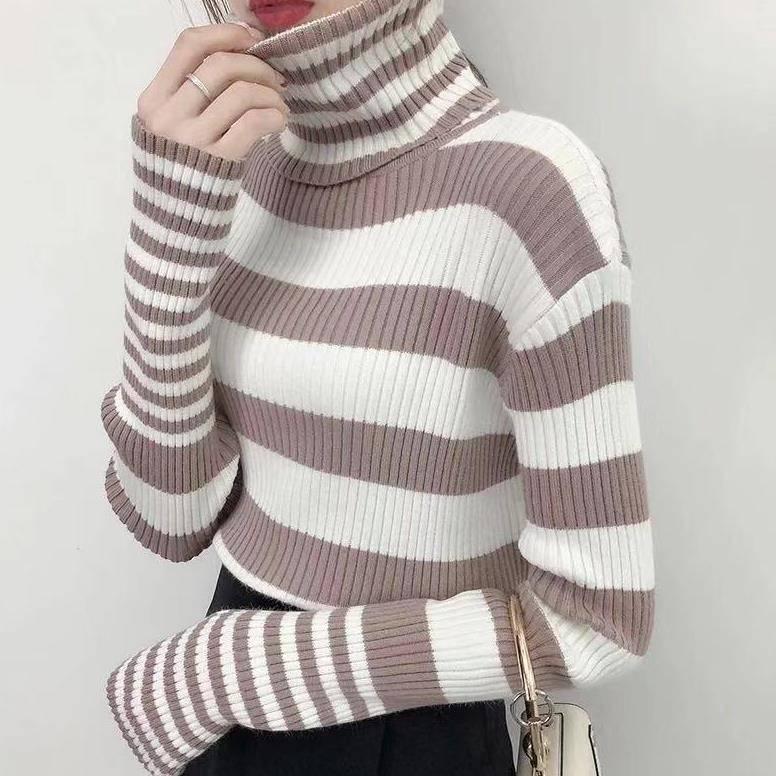 Striped Turtleneck Bottoming Shirt Long-sleeved Slim Pullover Short Sweater Autumn Winter