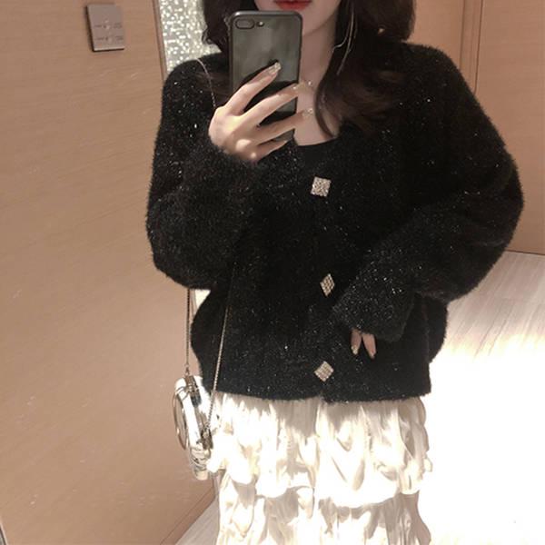 2 Colors Women Plus Size Bling Bling Cardigan Jacket Short Loose Lantern Sleeve Sweater