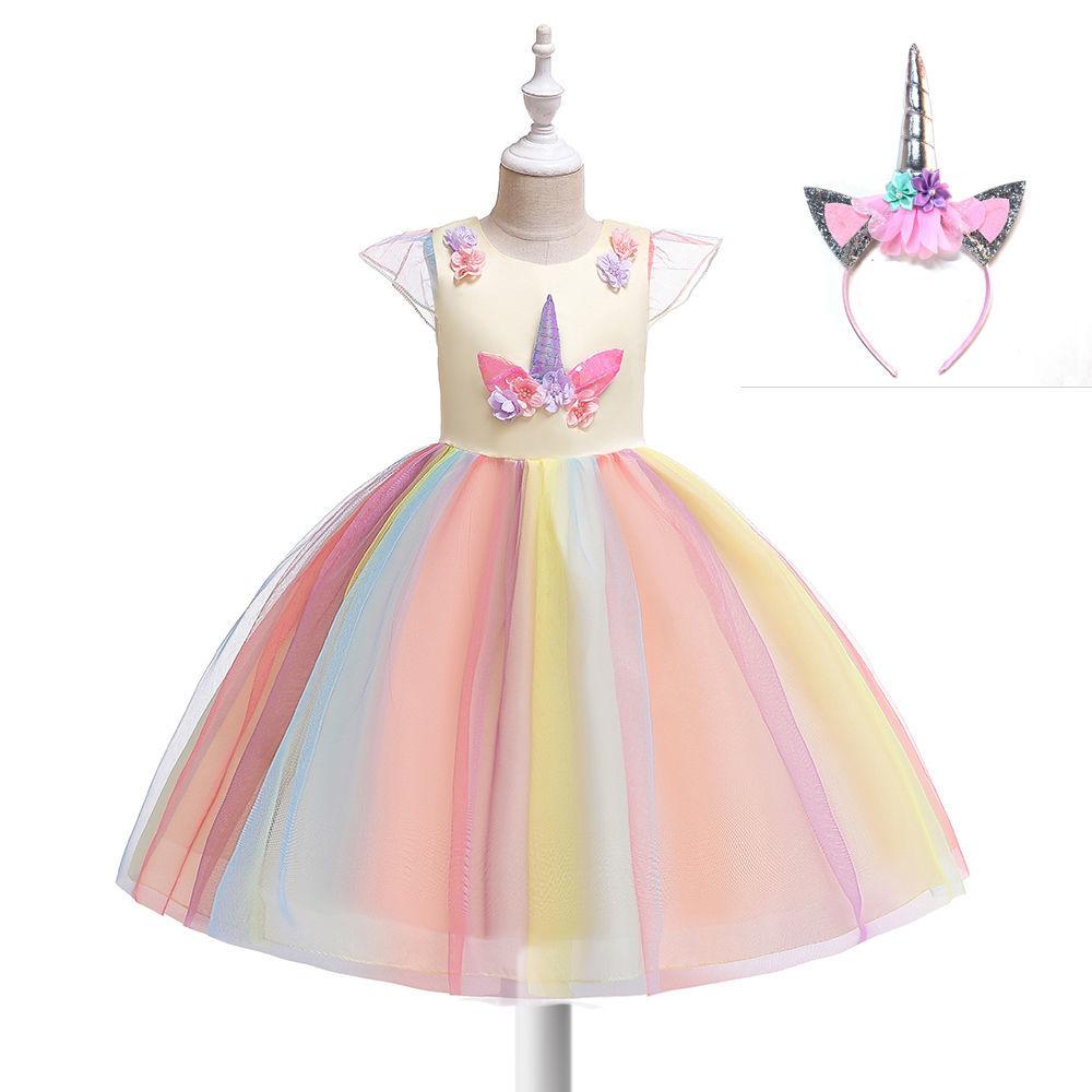 Kids Unicorn Dress for Girls Flower Appliques Ball Gown Little Girl Princess Dresses Elegant Party Costumes Children Clothing