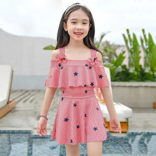 Children's Swimsuit Kids Girls Striped Five-pointed Stars One-piece Swimsuit Child Cute Off-the-shoulder Lotus Leaf Sleeve Swimming Suit