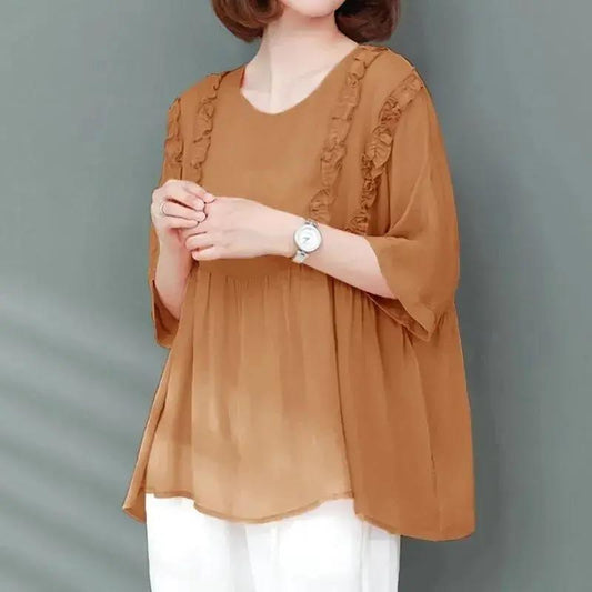 Summer Women's Loose Chiffon Short Sleeve Large Size Round Neck All-match Top