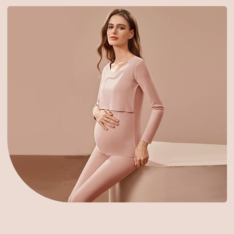 Pregnant Women's Seamless Thermal Underwear Set, Breastfeeding Autumn and Winter Plus Cashmere Pregnancy and Postpartum Nursing Pajamas