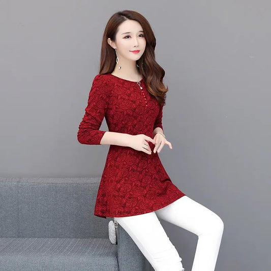 Women's Spring and Autumn Long-sleeved Top Large Size Waist Round Neck Solid Color Mother Top