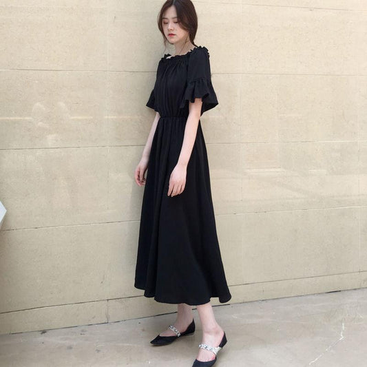 Black Dress Summer One-shoulder Thinner Strapless Chiffon Black Dress Long Skirt Super Fairy