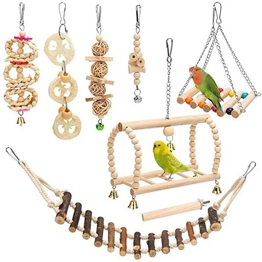 8 Pieces of Parrot Toy Swing Primary Color Wood Gnawing Molar Toy Bird Cage Pendant Supplies Climbing Ladder Rattan Ball