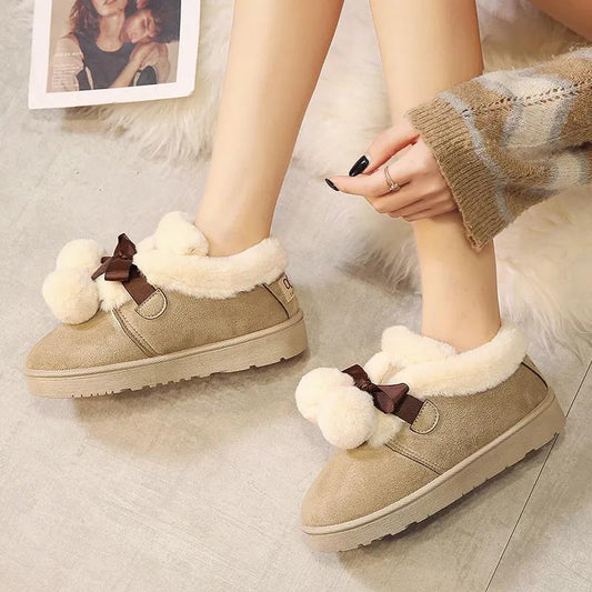 Snow Boots Women's Sleeve Short Boots Bow Hairy Shoes Bread Shoes Plus Velvet Cotton Shoes Autumn and Winter Women's Shoes