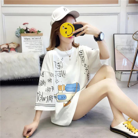 Graffiti Painting Women Dress Girl Loose O-Neck Casual Long T-shirt Dress Big Loose Home Comfort Outer Convenient