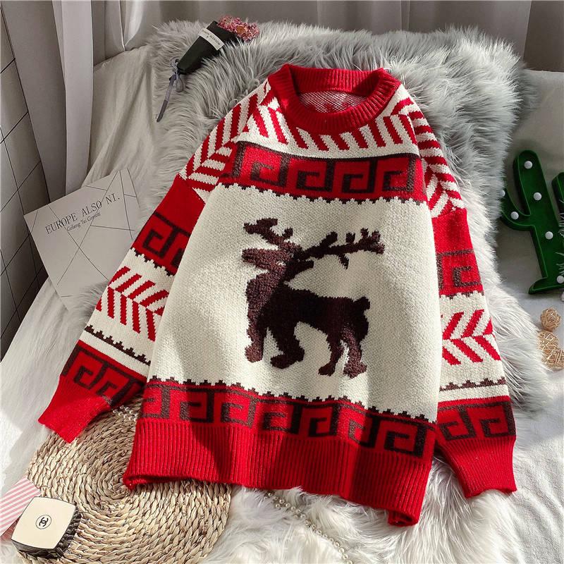 Pofulove Red Christmas Elk Sweater Women Winter Hooded Loose Lazy Wind Winter Students Wear Knitwear