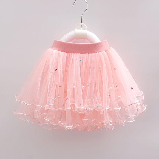 Girl Baby Short Veil Lace Pearl Cute and Sweet Printed Embroidery Ruffle Elastic Waist Children's Skirts Princess Tutu A-line Skirt