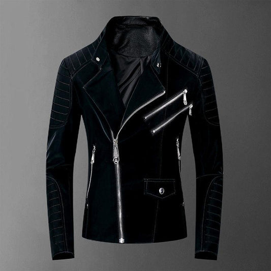 Plus Velvet Thick Korean Men's Leather Jacket Short Velvet Stand-up Collar Slim-fit Motorcycle Jacket Autumn and Winter