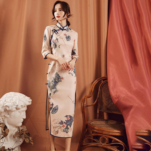 Retro Chinese Style Cheongsam Summer Short-sleeved Chinese Style Retro Improved Long Daily Dress Slim Sexy Elegant Dress