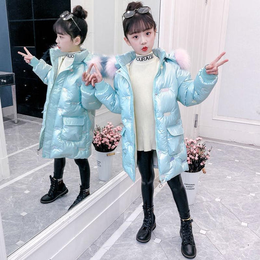 Girls' Winter Coat Plus Velvet Thick Mid-length Cotton Jacket Glossy No-wash Windproof and Warm Quilted Jacket