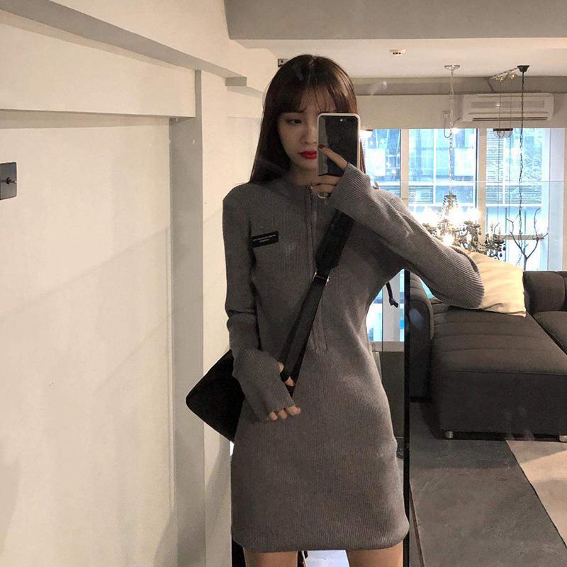 Women's Knitted Dress Spring and Autumn Zipper Long Sleeve Waist Slimming Skirt Hip Skirt Pure Color Cotton Soft and Comfortable