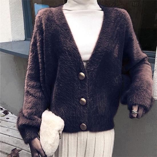 6 Colors Women Faux Mink Cashmere Chic Loose Sweater Knitted V-neck Cardigan Jacket Outwear
