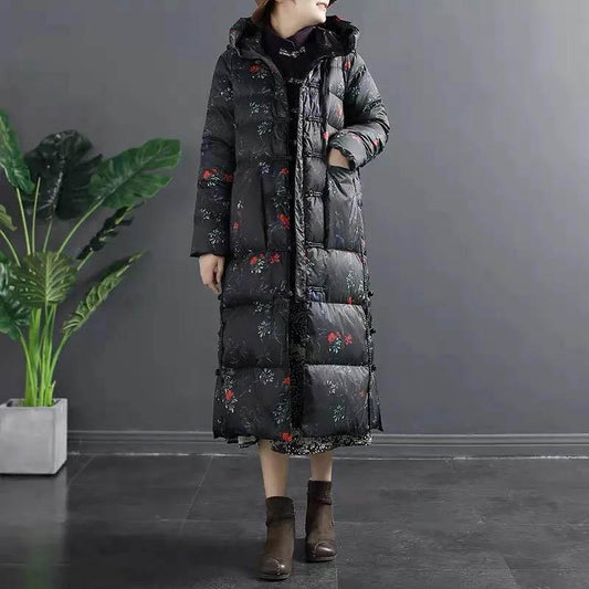 Women's Camouflage Pattern Down Jacket Chinese Style Printed Retro Buckle Mid-length Over-the-knee Large Size Ethnic Style Jacket