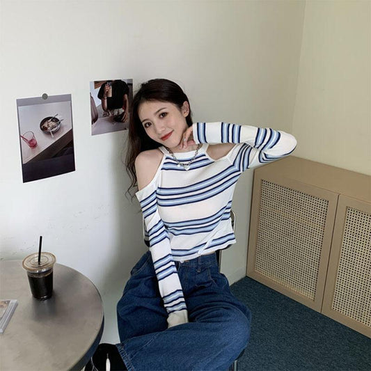 Design Striped Long-sleeved T-shirt Women Halter Neck Slant Button Off-shoulder Cropped Top Knitted Sweater