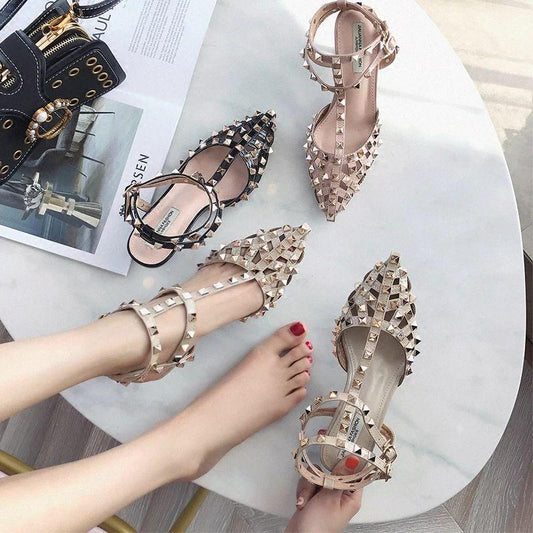 High heel female rivets summer thin heel pointed sandals feminine all-match Europe and America