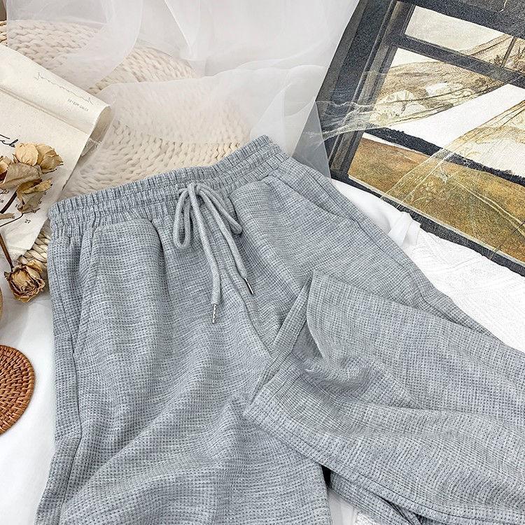 Waffle Elastic High Waist Casual Pants Autumn and Winter Women's Korean Style Loose Drape Wide Leg Trousers Show Leg Length Sports Jogging Pants