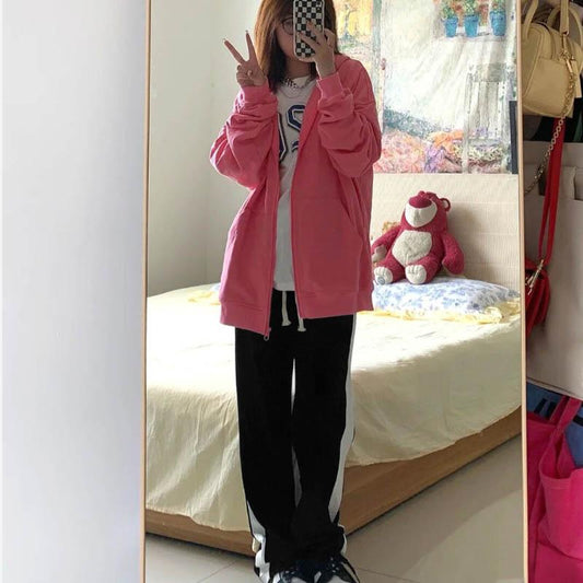 Black Bend Track Pants Women Loose Spring and Autumn Side Stripes Straight Casual Pants High Waist Pants Drape Wide-leg Pants