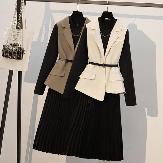 High-end Dress Suit Women Autumn New All-match Suit Vest Women + Mid-length Pleated Skirt Two-piece A-line Bottoming Long Skirt Vest Suit