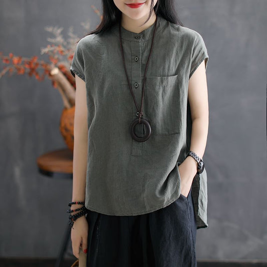 Summer Solid Color Loose Large Size Sleeveless Stand Collar T-Shirt Top Pullover Shirt