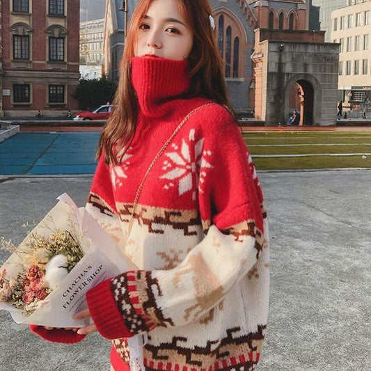 Autumn and Winter Santa Claus Head Sweater Loose Wild Snowflake Sweater Round Neck Long Sleeve Female Student Top Casual Fashion Coat
