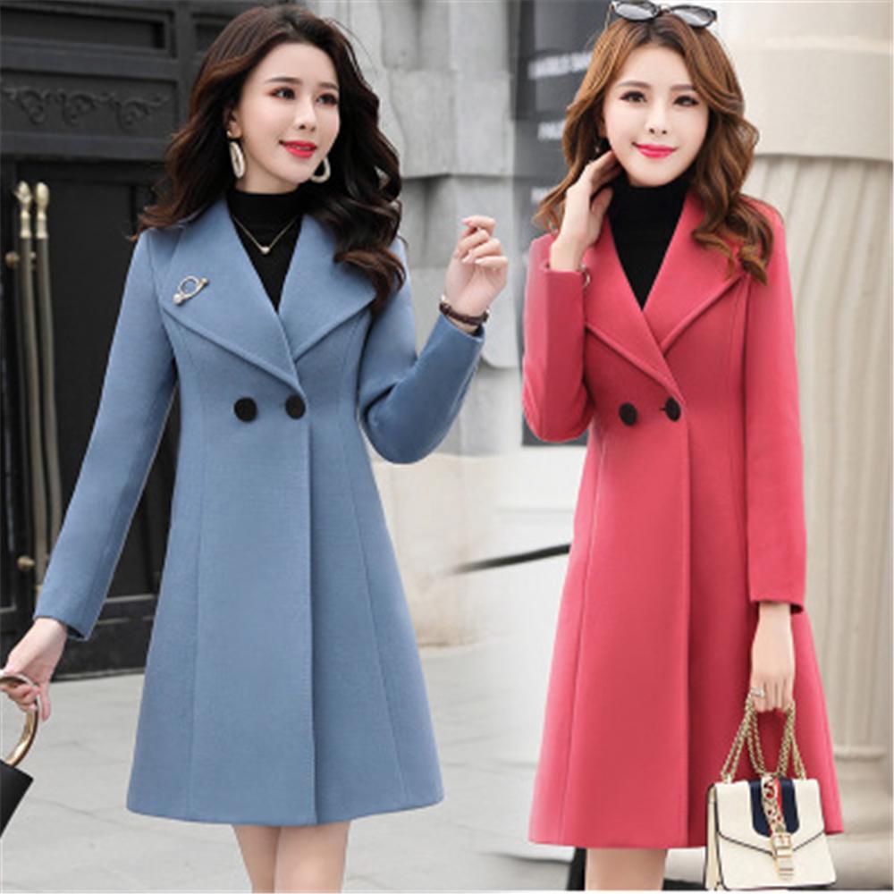 Women Long Woolen Coat Autumn and Winter Lapel Long Sleeve Pure Color Female Woolen Jacket