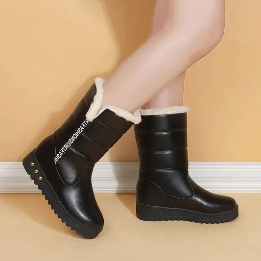 Snow Boots Women's Plus Size Plus Velvet Winter Thick-soled Student Cotton Shoes Women's Waterproof Leather Mid-tube Boots