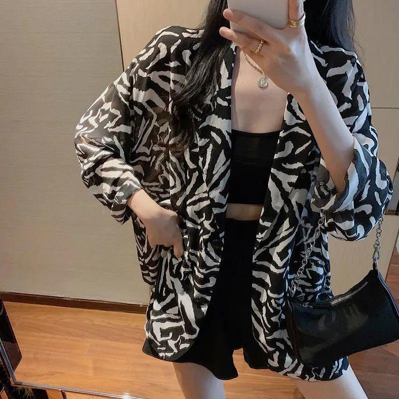 Women's Zebra-print Suit Jacket Summer Thin Loose Mid-length Temperament Chiffon Suit Korean Version of The Sunscreen Top Blazer Outwear Coat
