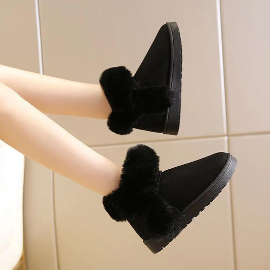 Hairy Ball Snow Boots Women Winter Korean Version of All-match Flat-bottomed Plus Velvet Warm Cotton Shoes Bread Shoes