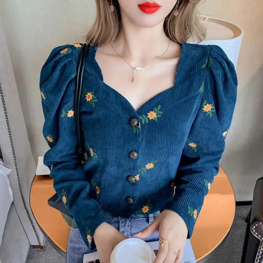 Women's Spring and Autumn Long Sleeve Shirt V-Neck Puff Sleeve Floral Short Top