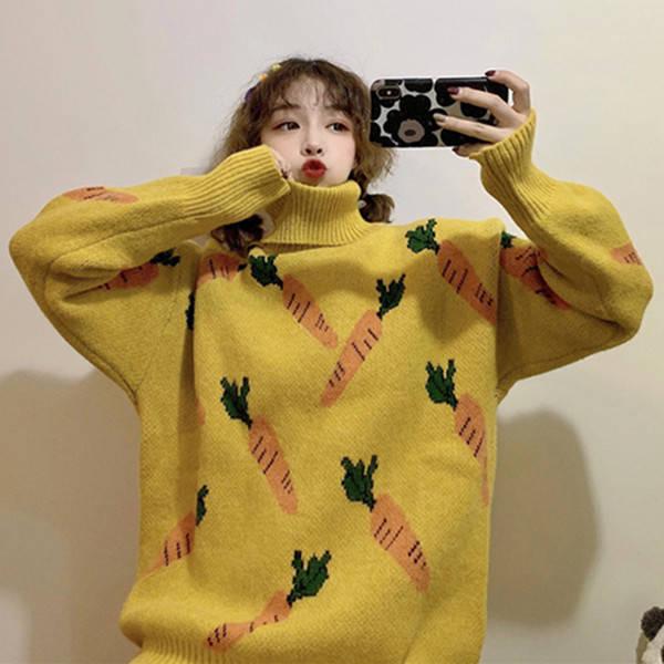 Pofulove Korean Turtleneck Color-matching Sweater Female Loose Pattern Wild Sweater Autumn Winter